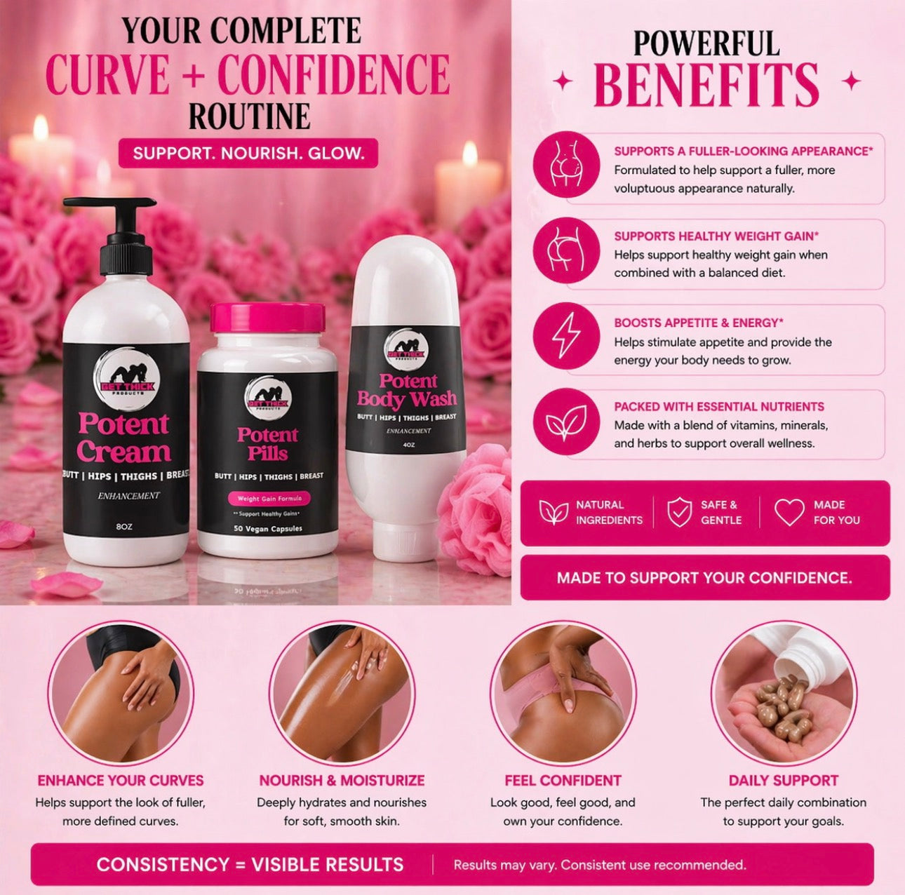 Product lineup with 'Potent Cream', 'Pills', and 'Body Lotion' on a pink background with text about benefits.