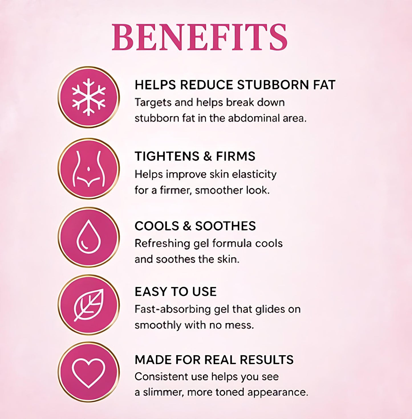 List of benefits on a pink background with icons and text.