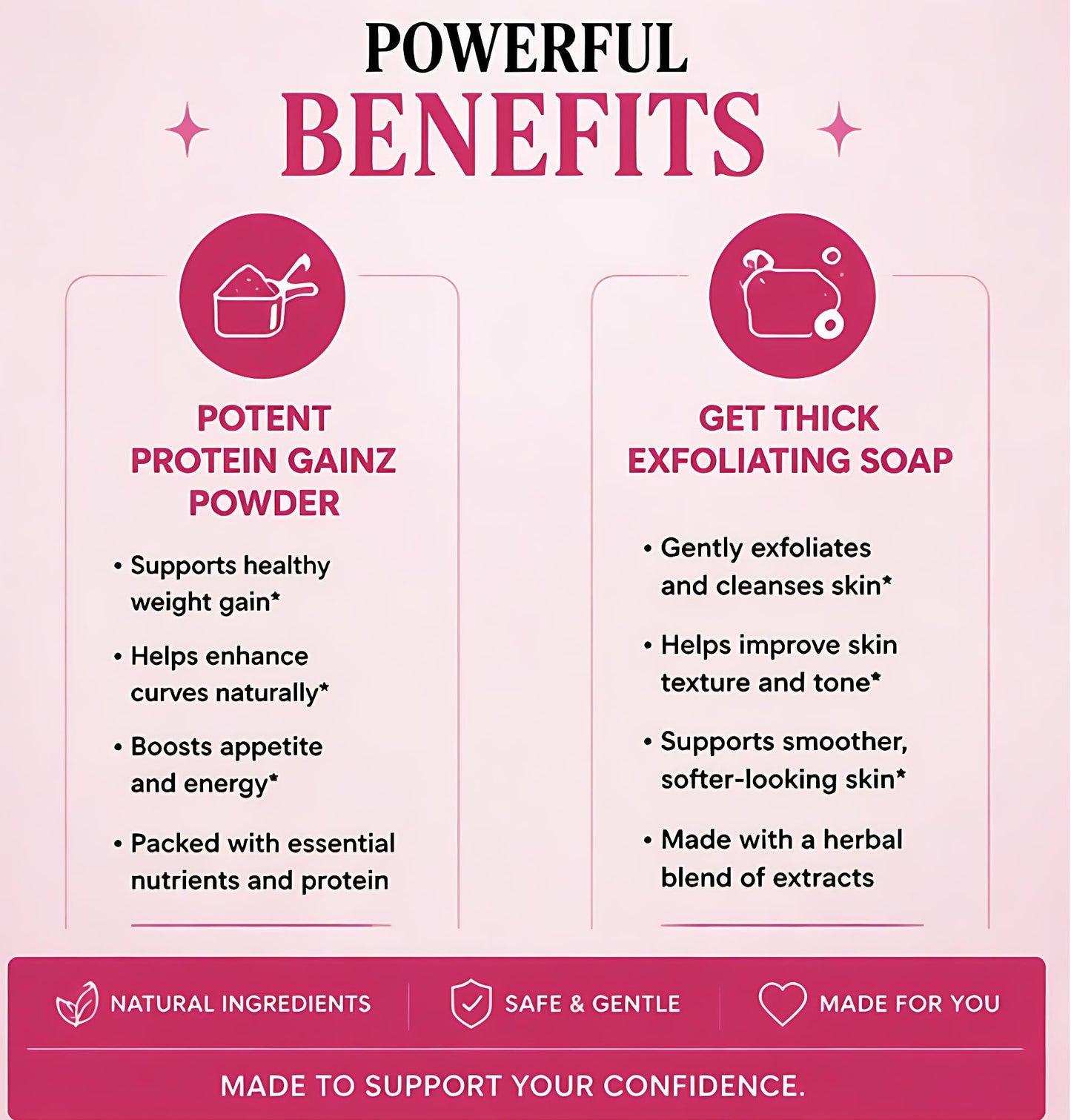 Product advertisement highlighting potent protein gainz powder and thick exfoliating soap with benefits listed.