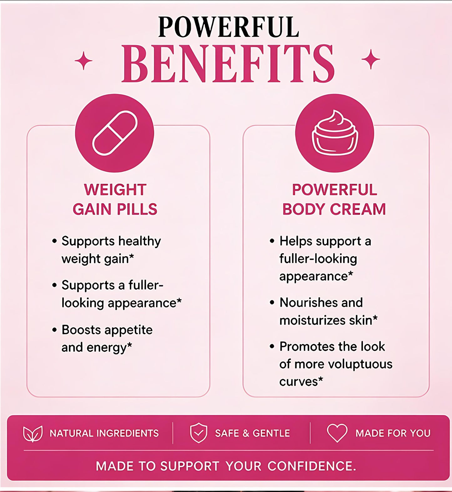 Advertisement for weight gain pills and powerful body cream with benefits listed on a pink background.