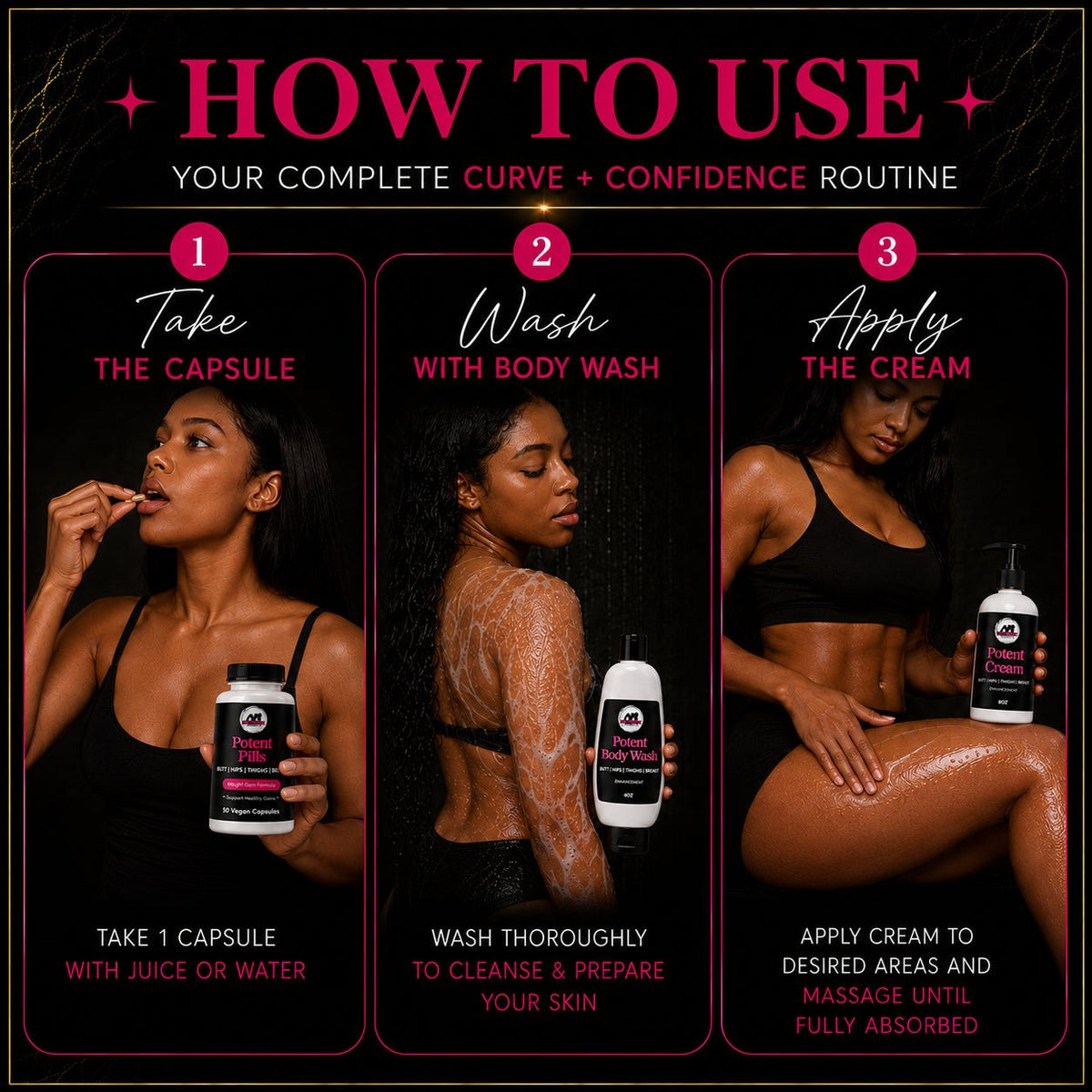 Potent Butt Enhancement Cream, Body Wash & Pills – Boost Your Curves Naturally - Get Thick Products