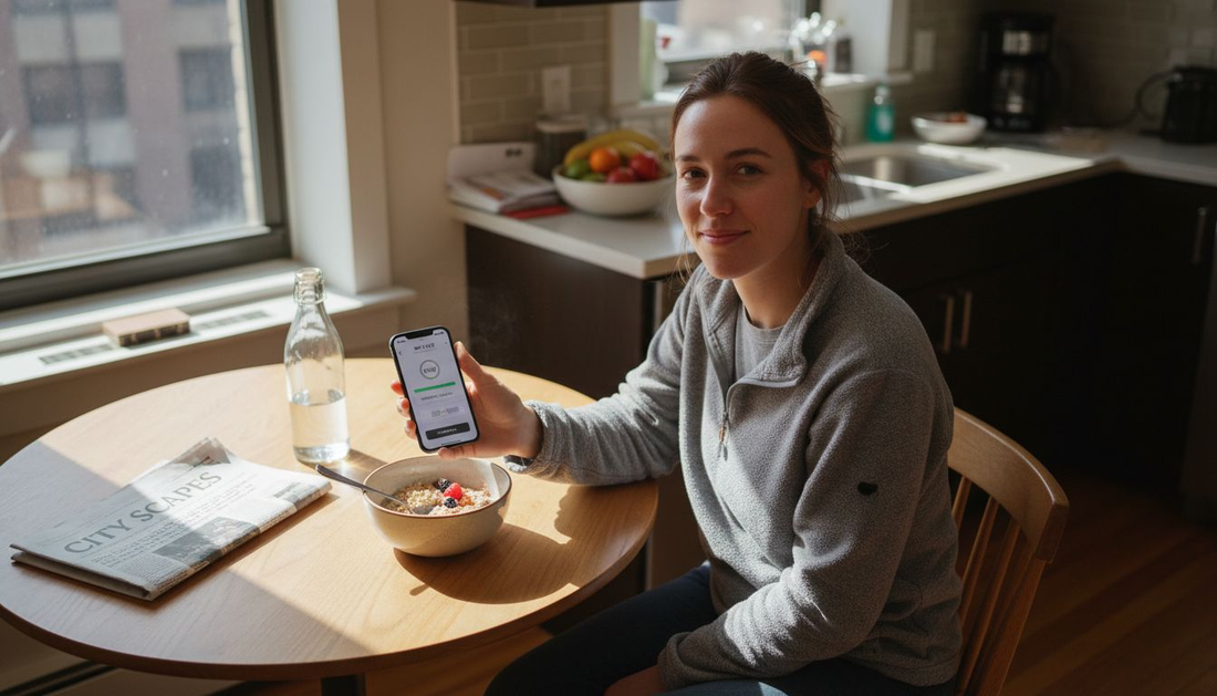 Woman records meal in nutrition app kitchen