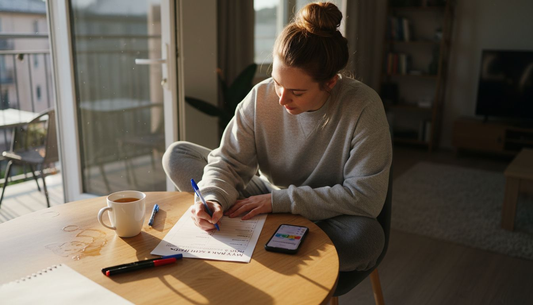 Woman completing body goals worksheet at table