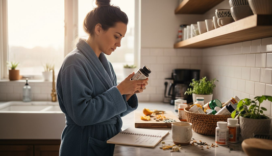 Woman reading supplement label in kitchen