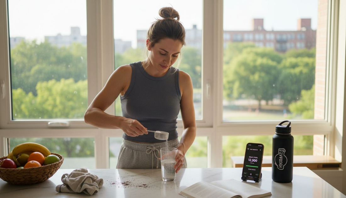 Woman using body enhancement supplement in home kitchen