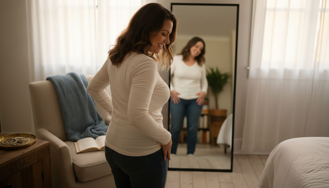 Confident woman admiring herself in mirror