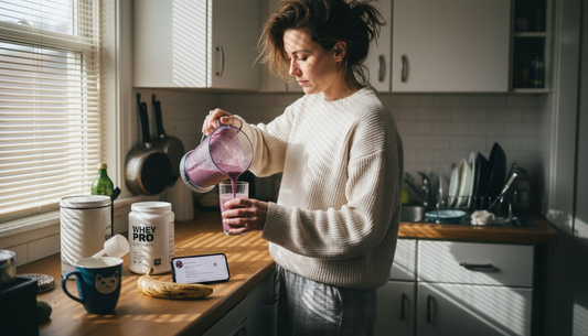 Woman making smoothie in cozy kitchen setting