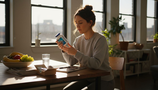 Woman examines supplement bottle at home