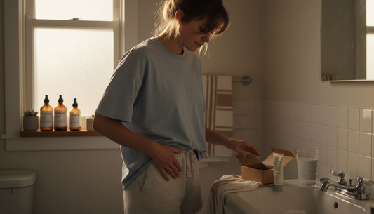 Woman applies cream to hip in bathroom