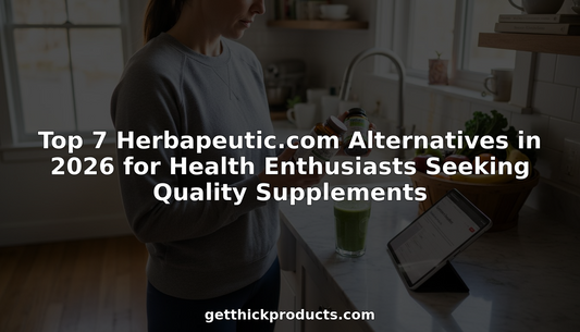 Woman comparing supplement bottles at kitchen counter