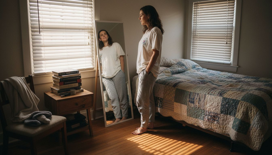Woman looking in mirror in cozy bedroom