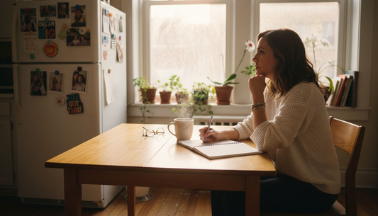 Woman journaling about self-confidence at kitchen table