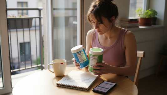 Woman comparing supplement labels at kitchen table