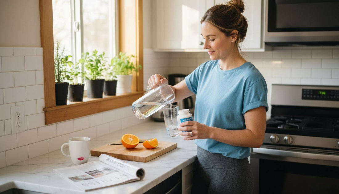 Woman starting morning with supplements in kitchen