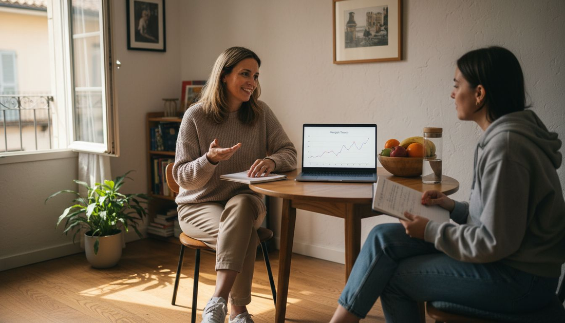 Nutritionist and client discussing weight trends