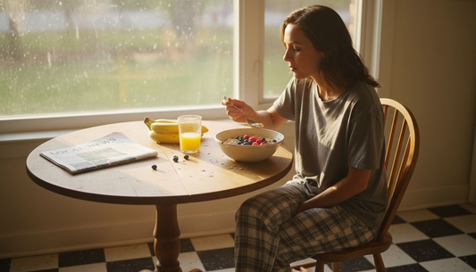 Woman eating healthy breakfast at kitchen table