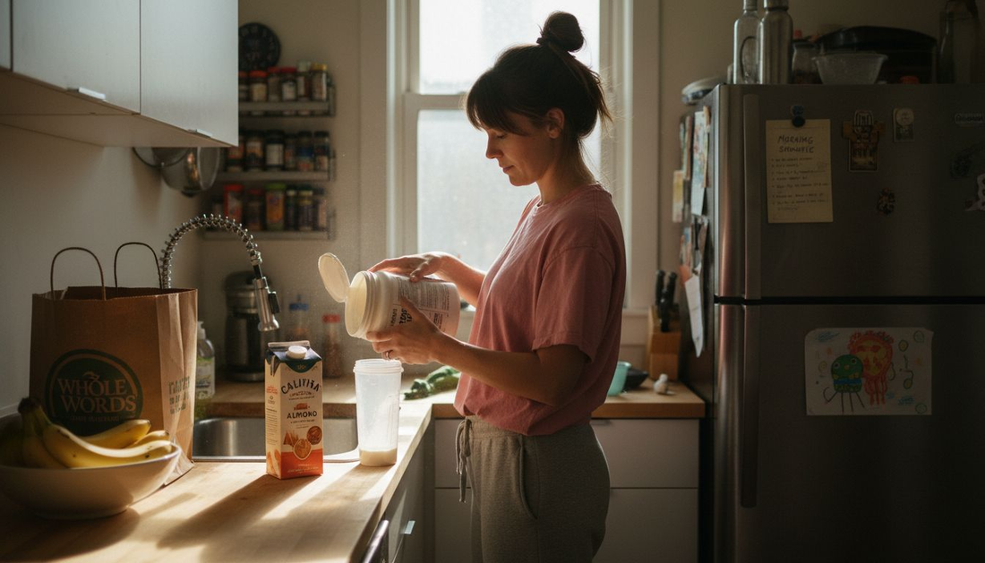 Woman making weight gain supplement shake in kitchen