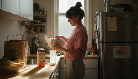 Woman making weight gain supplement shake in kitchen