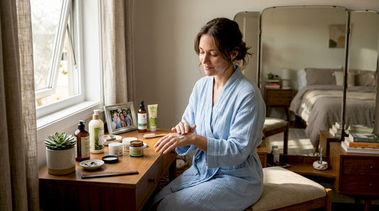 Woman applying topical cream at vanity
