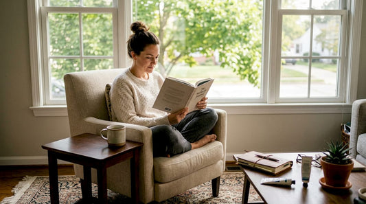 Woman reading wellness book in sunlit living room
