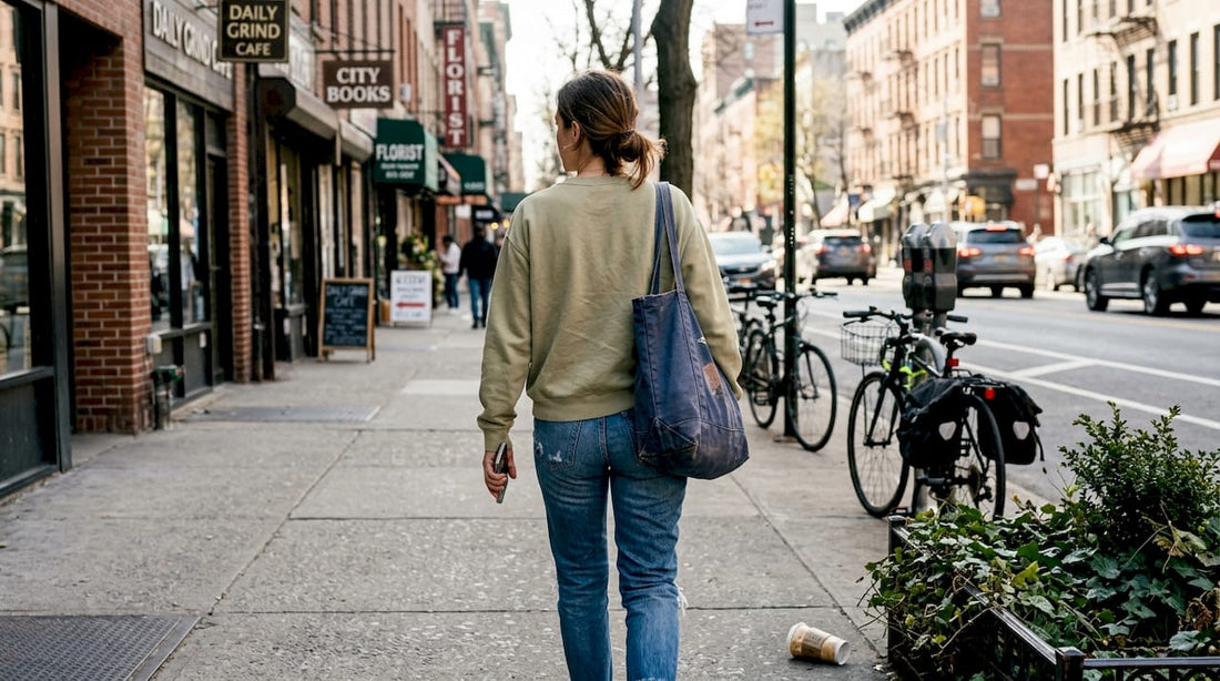 Confident woman strolling down city sidewalk