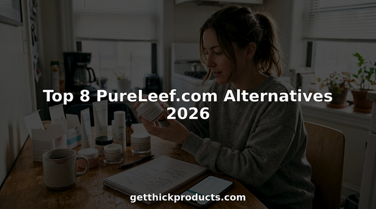 Woman comparing body enhancement products at kitchen table