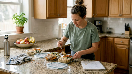 Woman meal prepping healthy food in bright kitchen