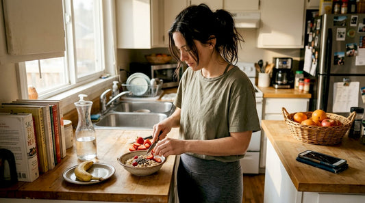 Woman making healthy breakfast in kitchen
