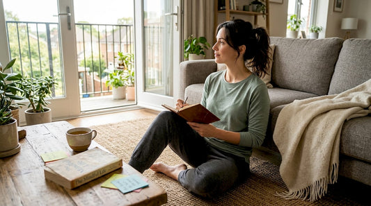 Woman journaling about body positivity at home