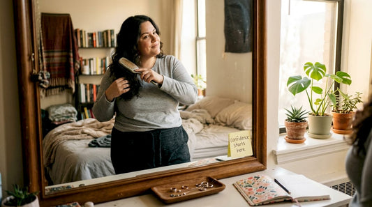 Woman practices morning body confidence routine