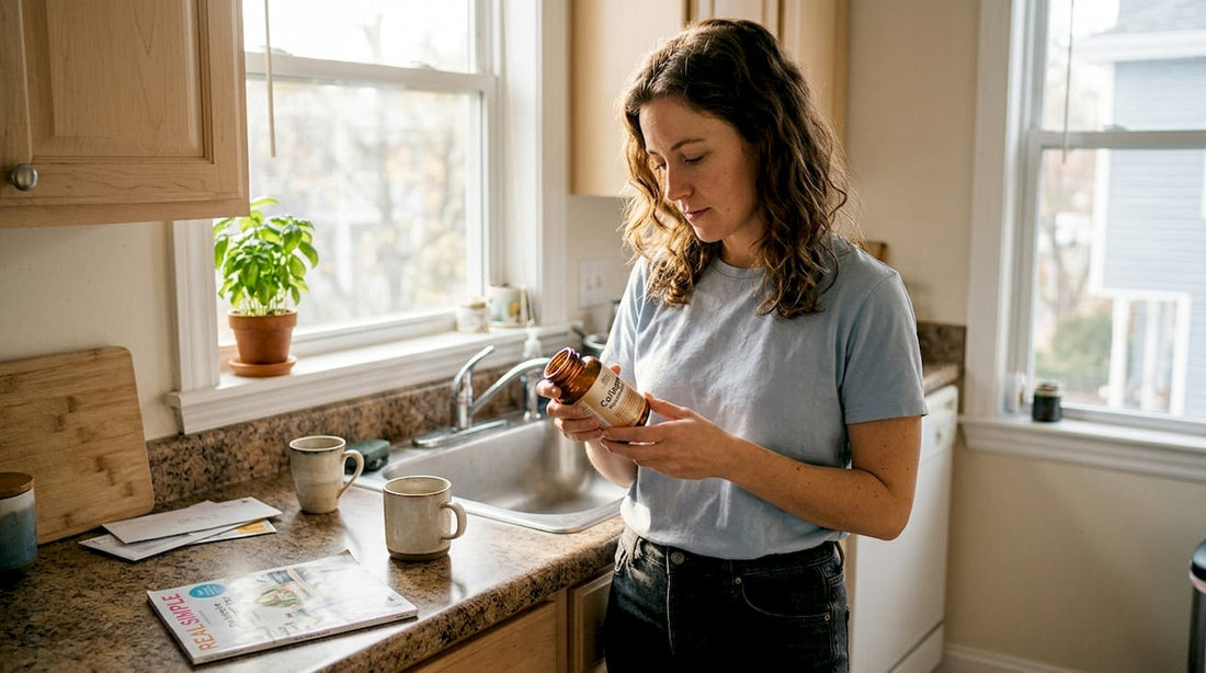 Woman reading beauty supplement label in kitchen