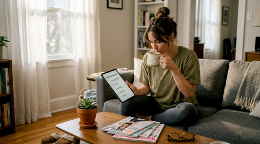 Woman reviews wellness checklist on sofa