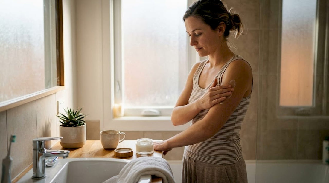 Woman applying cream in home bathroom