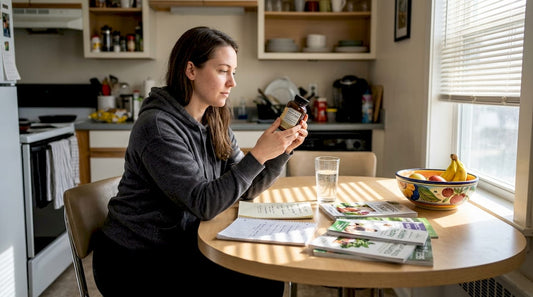 Woman reading supplement label at kitchen table
