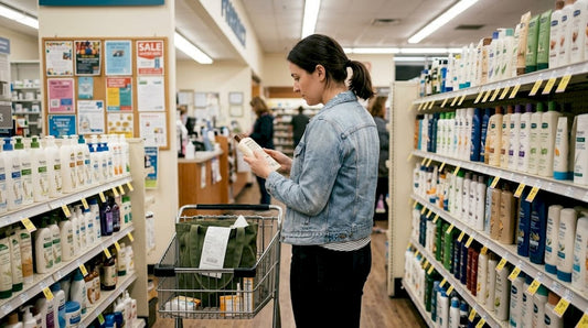 Woman browsing body care products store aisle