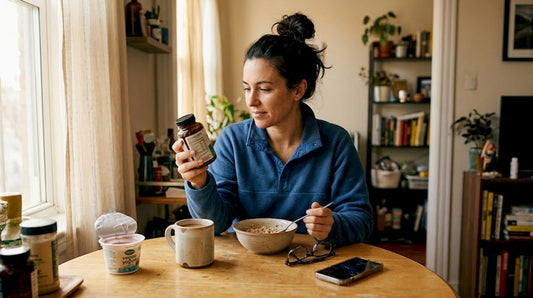 Woman reading supplement bottle at breakfast table