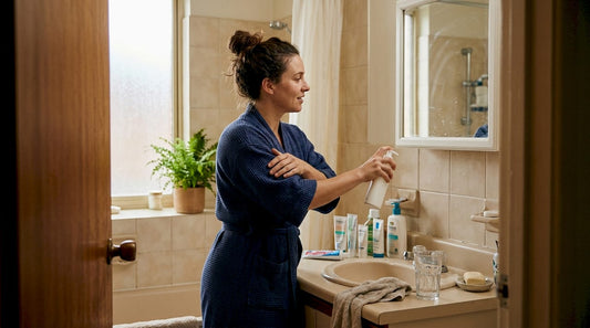Woman applying cream in sunlit bathroom