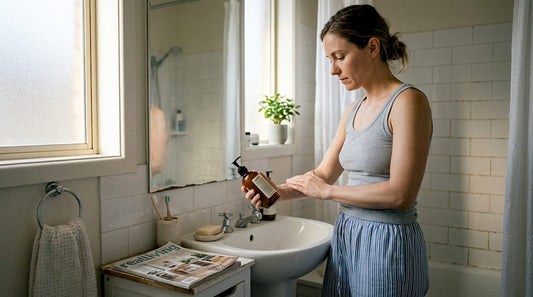 Woman applying lotion in sunlit bathroom
