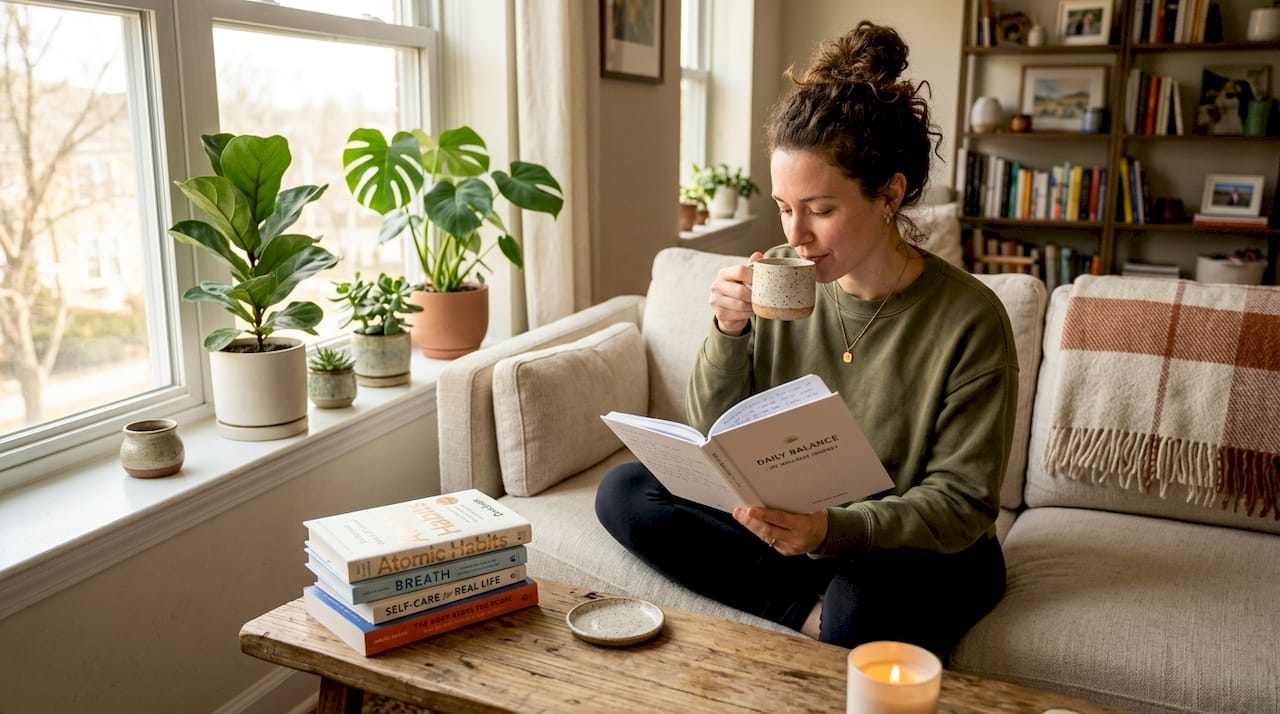Woman reviewing body confidence journal at home