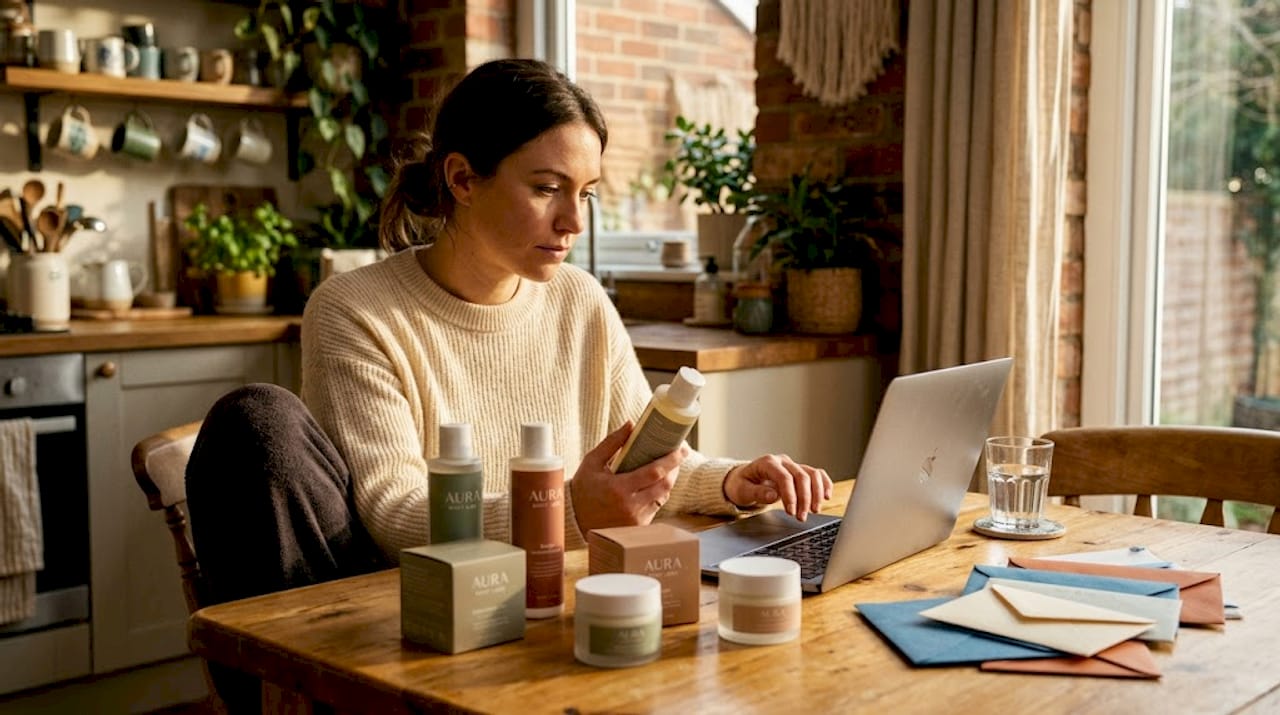 Woman compares body enhancement product options at kitchen table