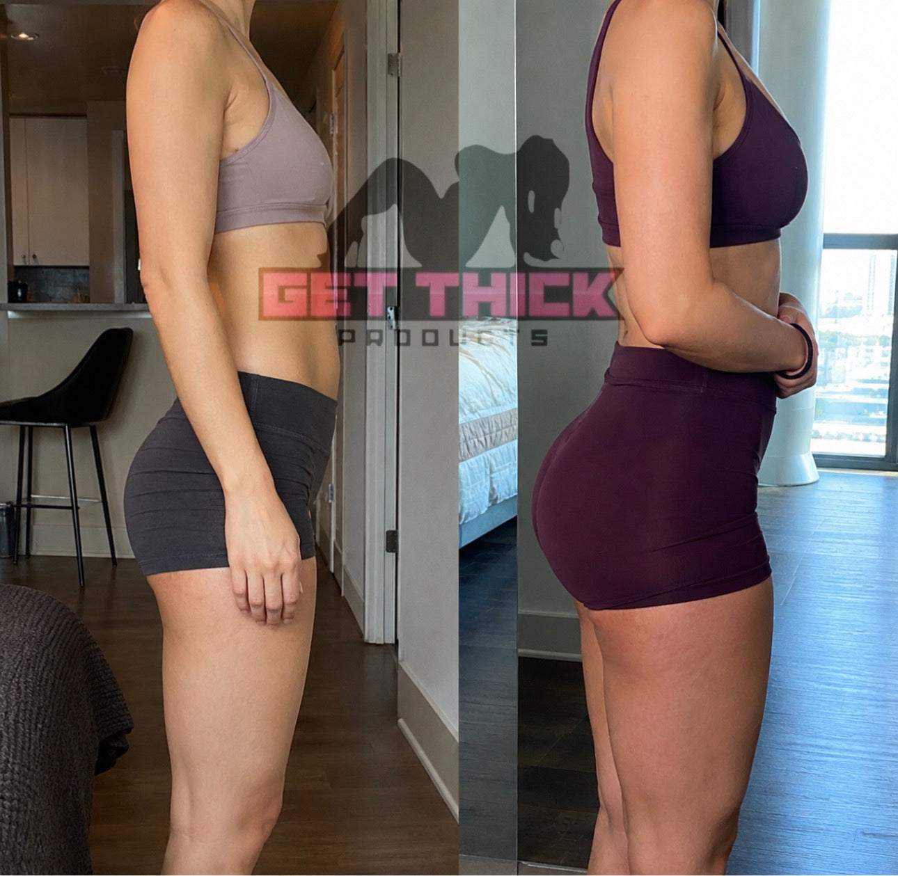 Side-by-side before and after body comparison photo of a woman in a home interior, wearing a sports bra and fitted shorts. A large semi-transparent 'GET THICK PRODUCTS' watermark overlays the center.