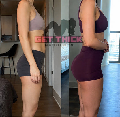 Side-by-side before and after body comparison photo of a woman in a home interior, wearing a sports bra and fitted shorts. A large semi-transparent 'GET THICK PRODUCTS' watermark overlays the center.