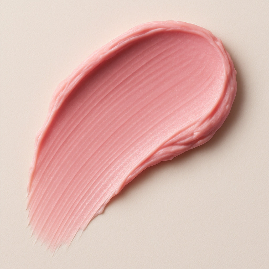 Pink cosmetic swatch on a beige background