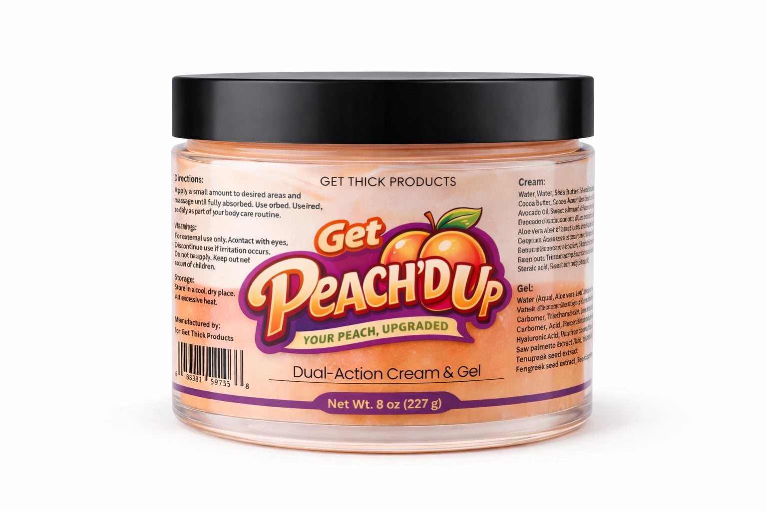 Jar of 'Get Peach'd Up' dual-action cream and gel on a white background