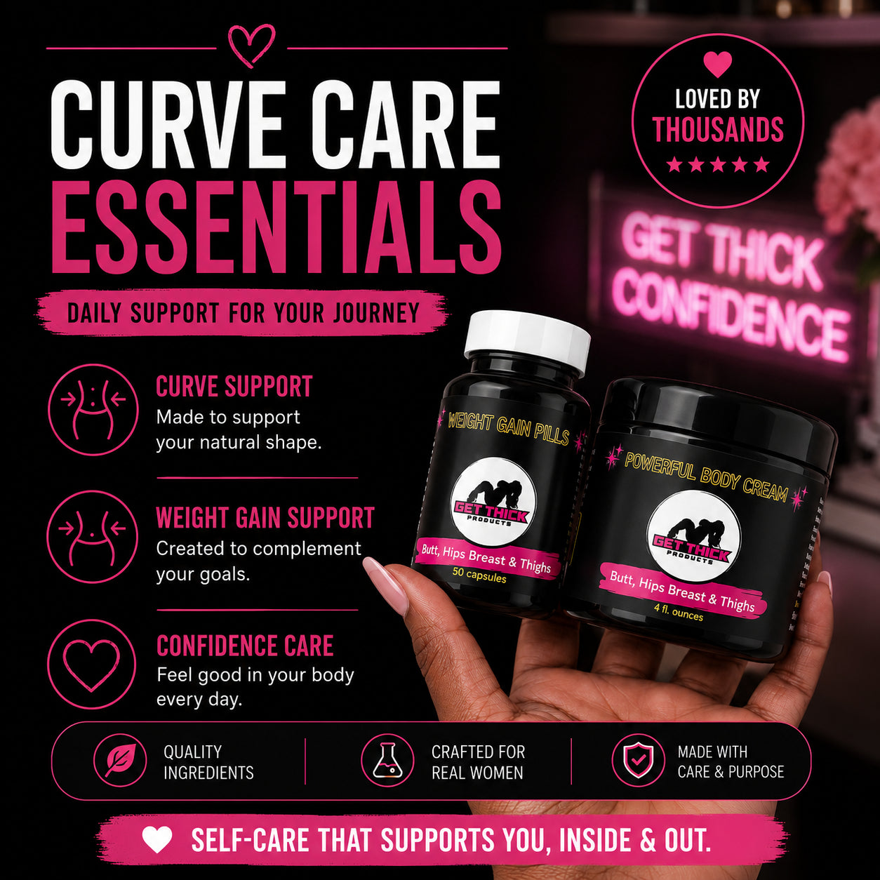 Get Thick Quick™ Butt Enhancement   Cream & Weight Gain Support Capsules Set – 2 steps