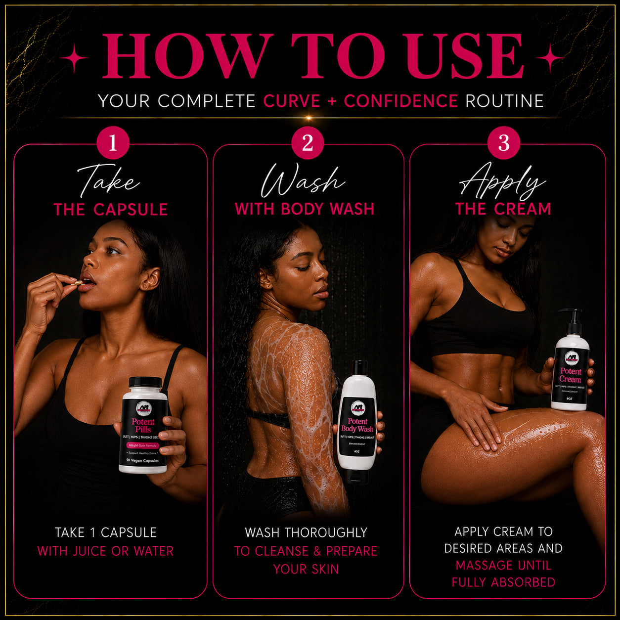 Potent Butt Enhancement Cream, Body Wash & Pills – Boost Your Curves Naturally