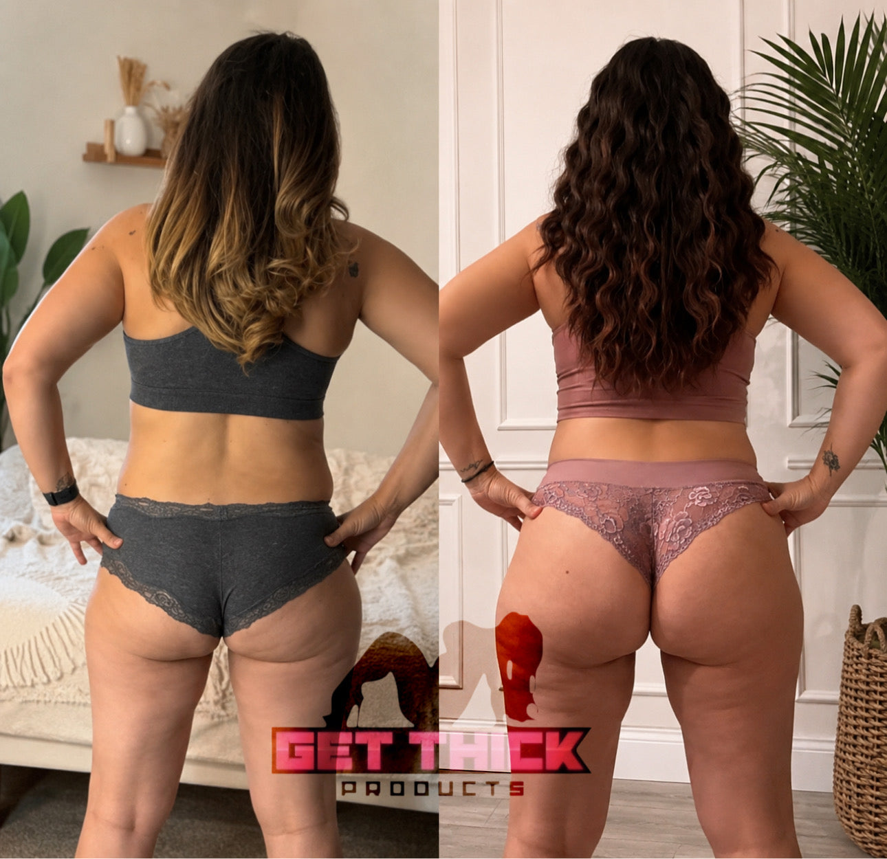 A side-by-side before/after style comparison photo showing a woman from behind wearing different underwear sets in a home interior. The left side shows dark gray bra and shorts; the right side shows a pinkish-purple bra and lace panties.
