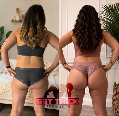 A side-by-side before/after style comparison photo showing a woman from behind wearing different underwear sets in a home interior. The left side shows dark gray bra and shorts; the right side shows a pinkish-purple bra and lace panties.