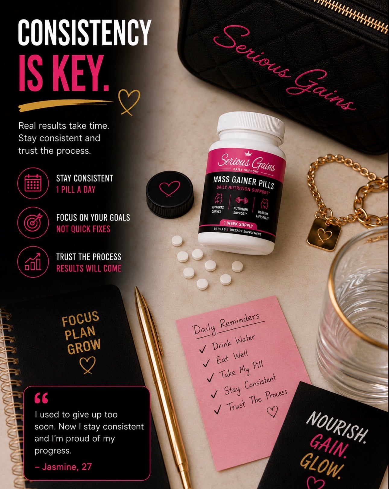 Serious Gains mass gainer pills with lifestyle items on a table, emphasizing consistency.