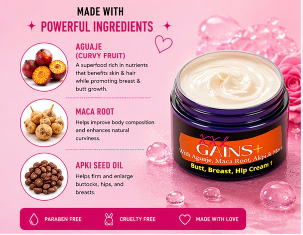Gains+ butt, breast, hip cream jar with ingredients on a pink background